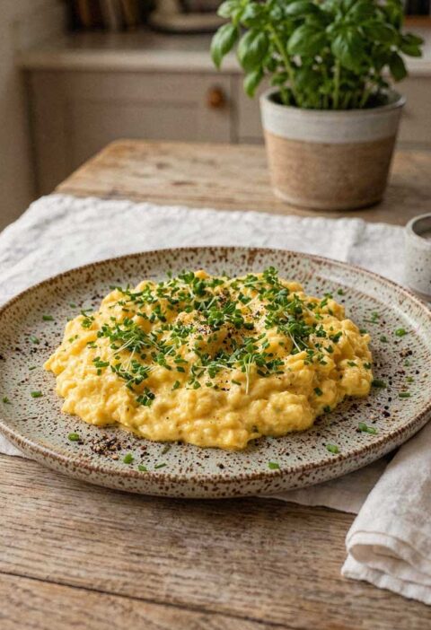 Smeuïg gebakken roerei met verse bieslook en peper op een keramisch bord.
