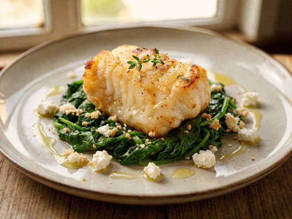 Dikke moot gebakken zeeduivelfilet op een bedje van groene bladgroenten met feta en olijfolie