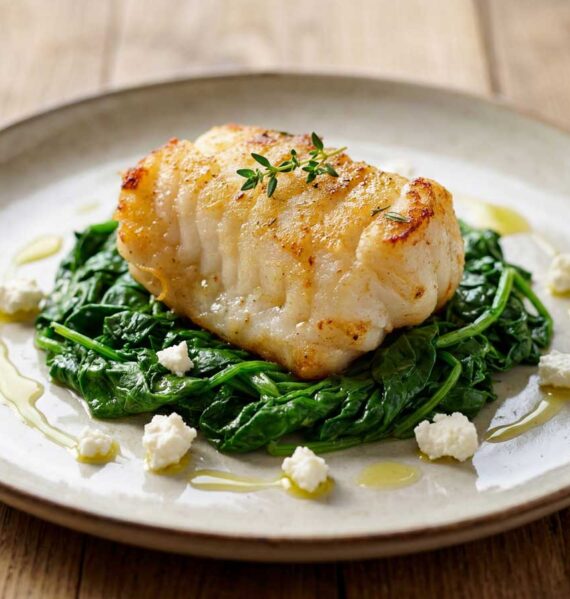 Gebakken zeeduivelfilet op een bedje van gekookte spinazie op een bord met feta