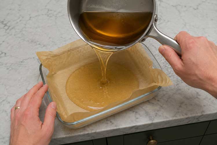 Giet de hete siroop in een ovenschaal bekleed met bakpapier