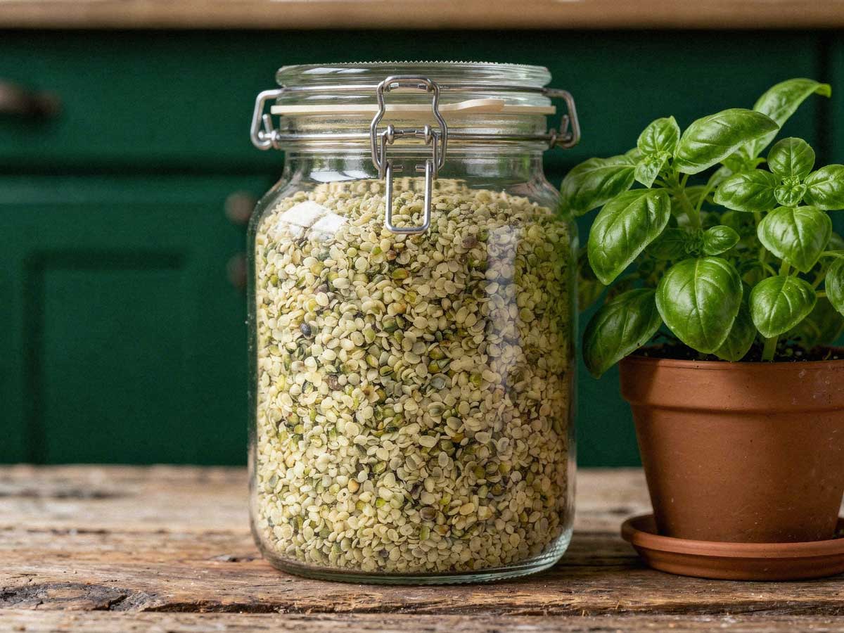 Gepelde hennepzaden in een grote glazen pot op een houten eiland naast een basilicumplant.