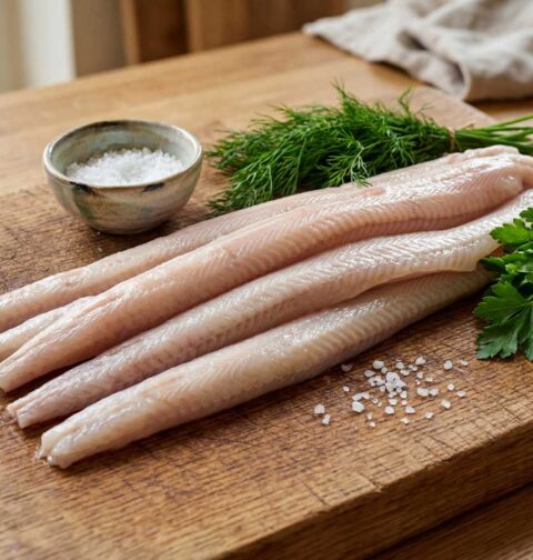 Verse hondshaaifilet op een snijplank, klaar om te bakken met ingrediënten