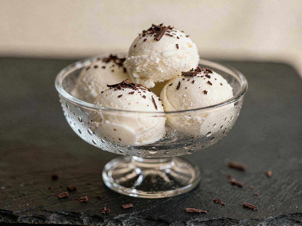Glazen ijscoupe met vier bollen kokos roomijs en chocoladeschaafsel