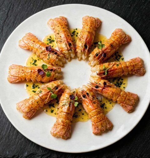 Gebakken langoustines sierlijk gerangschikt in een kring op een rond wit bord.