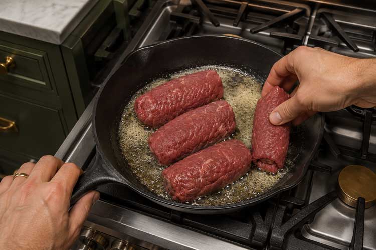 Leg de rundervinken in de koekenpan en bak ze in ongeveer 4 minuten rondom bruin