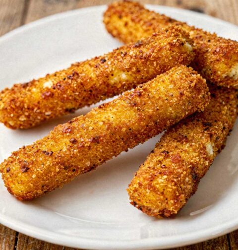 Vier hele gefrituurde mozzarellasticks losjes verspreid op een wit bord