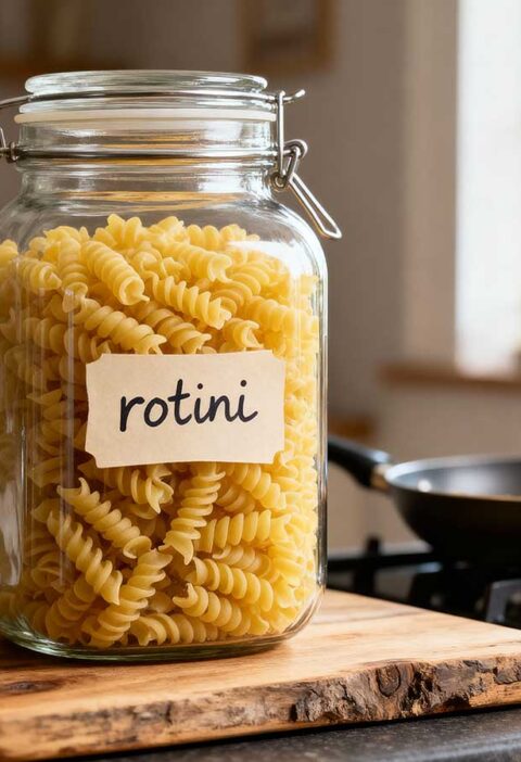 Een voorraadbus vol met droge rotini.