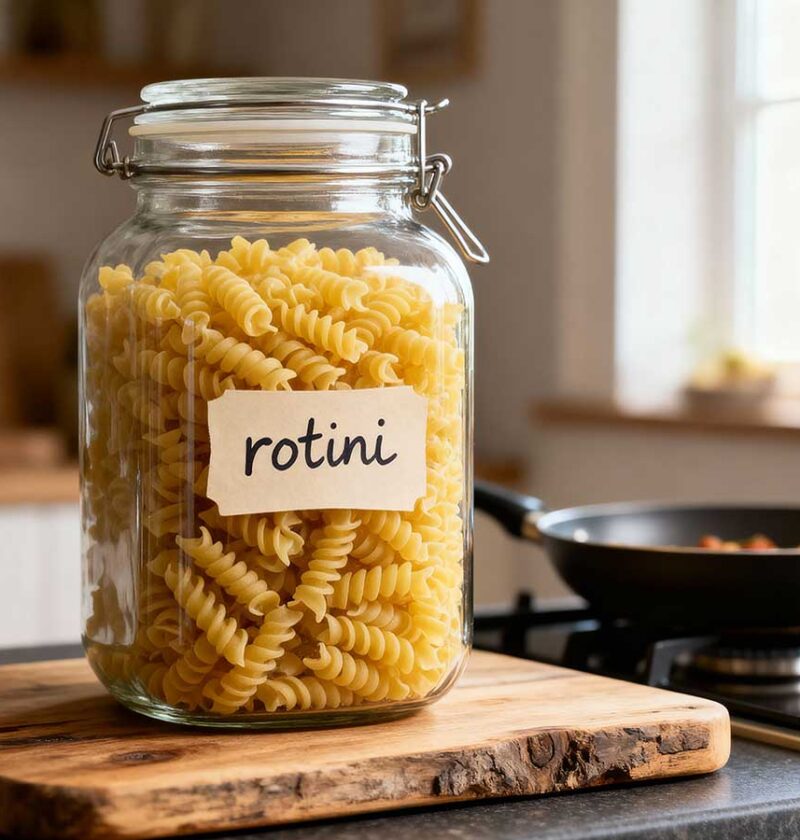 Een voorraadbus vol met droge rotini.