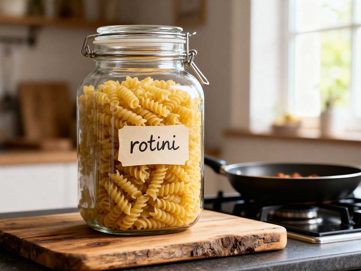 Een voorraadbus vol met droge rotini.