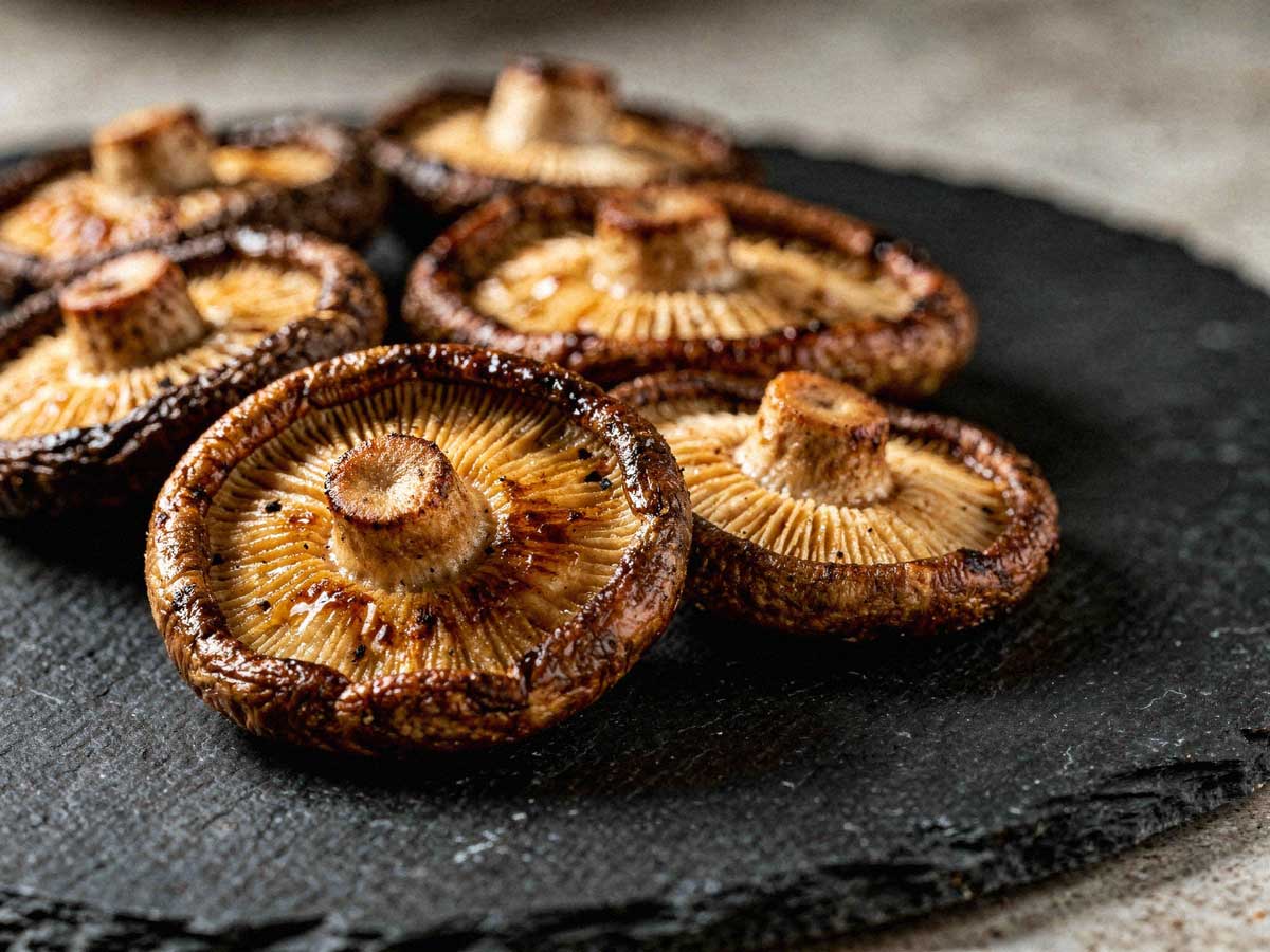 Een stapel sappig gebakken shiitake paddenstoelen met steel, omgekeerd gepresenteerd op een donker leisteen bord.