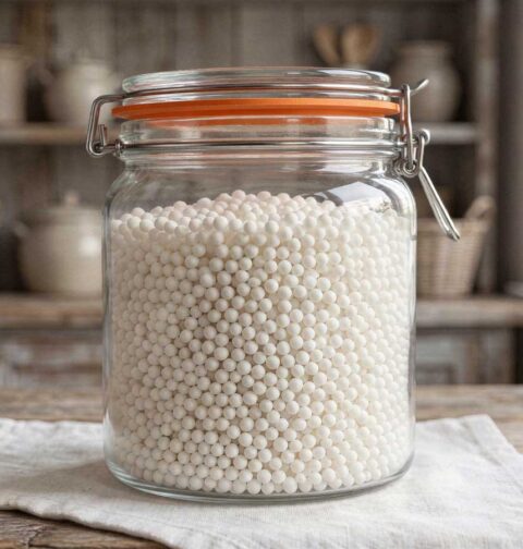Witte tapioca parels in een glazen voorraadbus op een houten aanrecht met olijfgroene kasten.