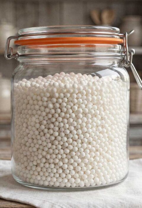 Witte tapioca parels in een glazen voorraadbus op een houten aanrecht met olijfgroene kasten.