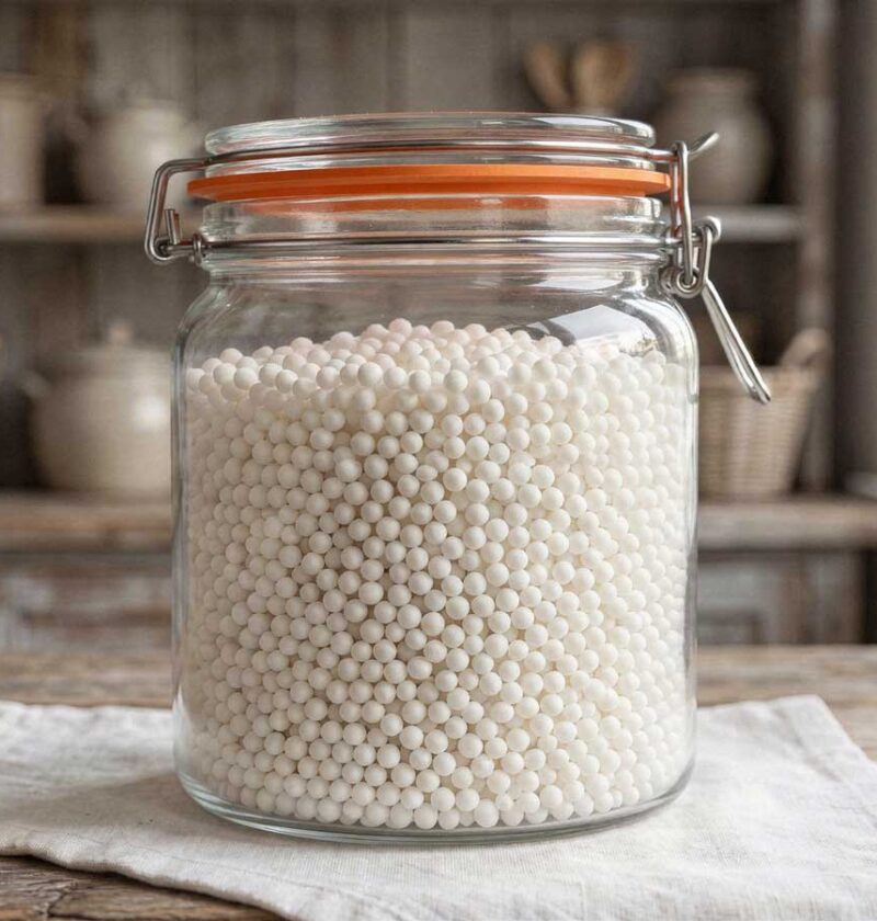 Witte tapioca parels in een glazen voorraadbus op een houten aanrecht met olijfgroene kasten.
