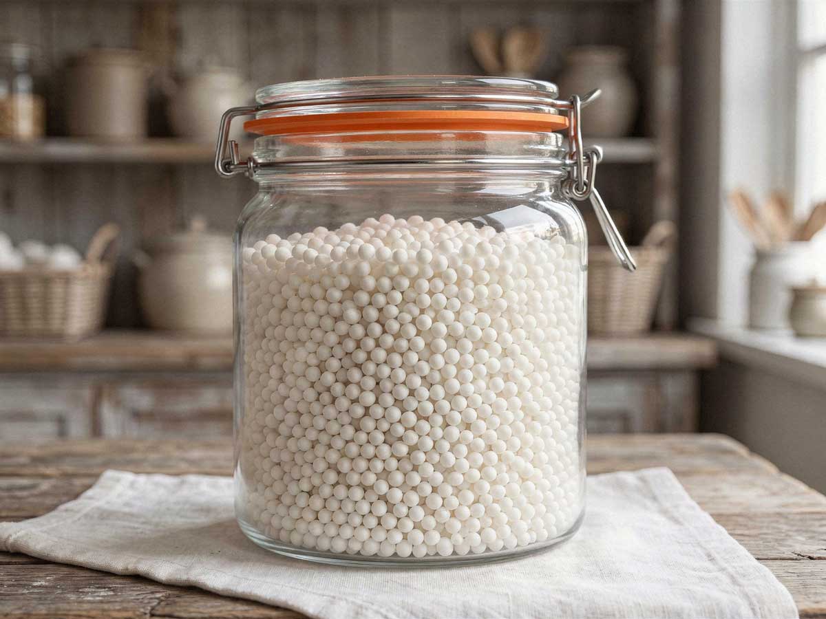 Witte tapioca parels in een glazen voorraadbus op een houten aanrecht met olijfgroene kasten.