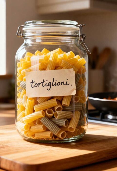 Een voorraadbus vol met gekleurde droge Tortiglioni.