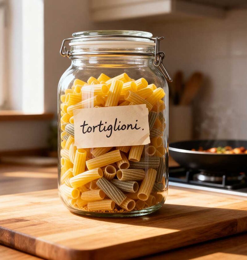 Een voorraadbus vol met gekleurde droge Tortiglioni.