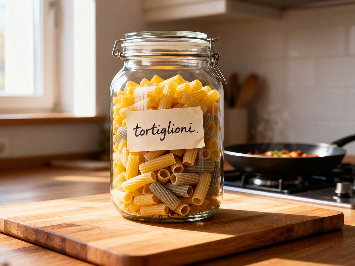 Een voorraadbus vol met gekleurde droge Tortiglioni.