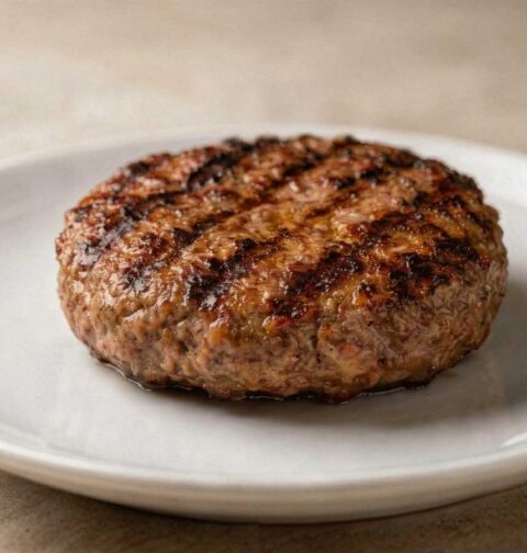 Gebakken Wagyu burger patty op een wit bord