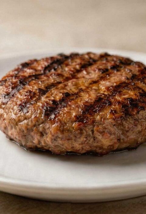 Gebakken Wagyu burger patty op een wit bord