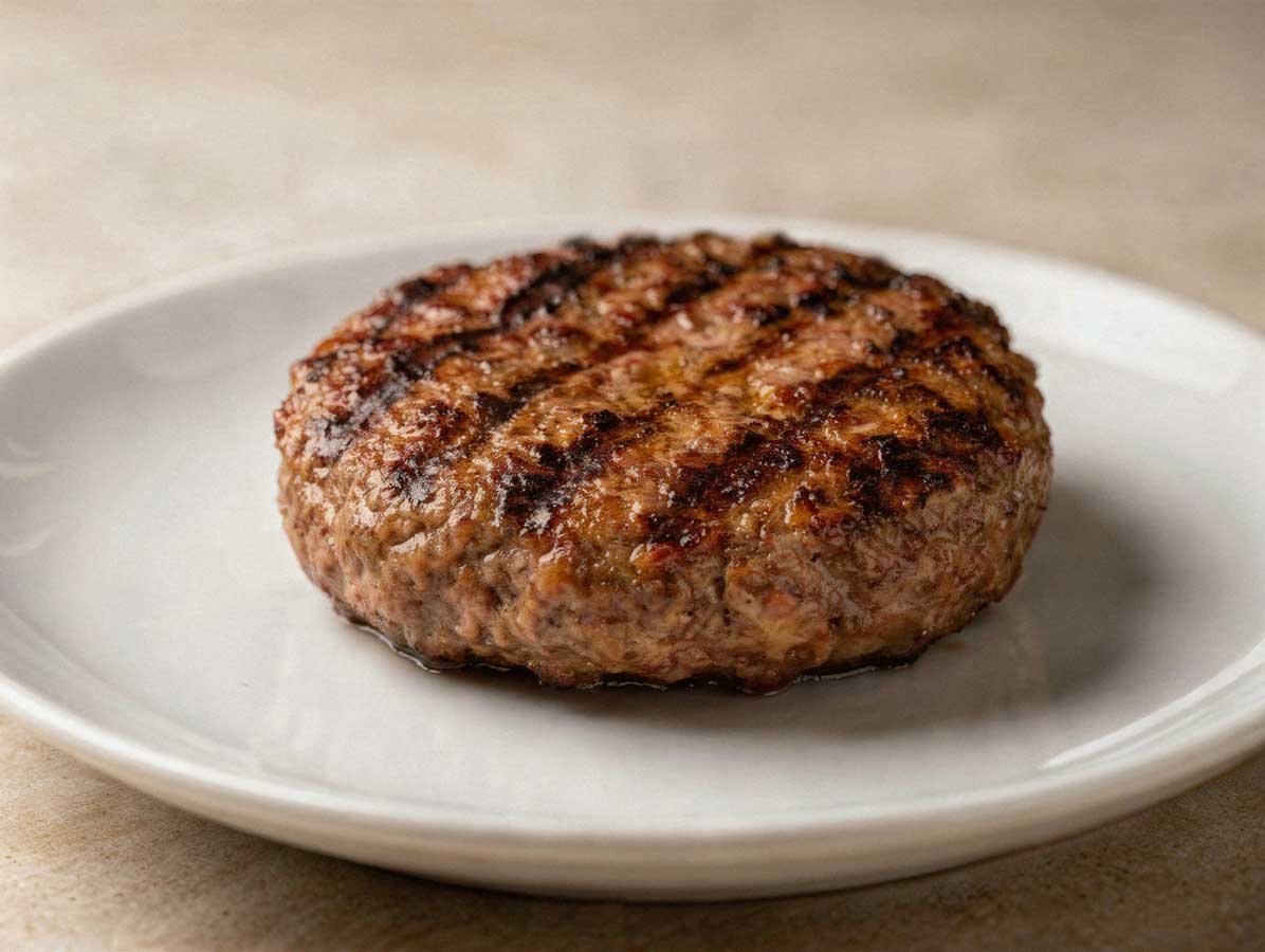 Gebakken Wagyu burger patty op een wit bord