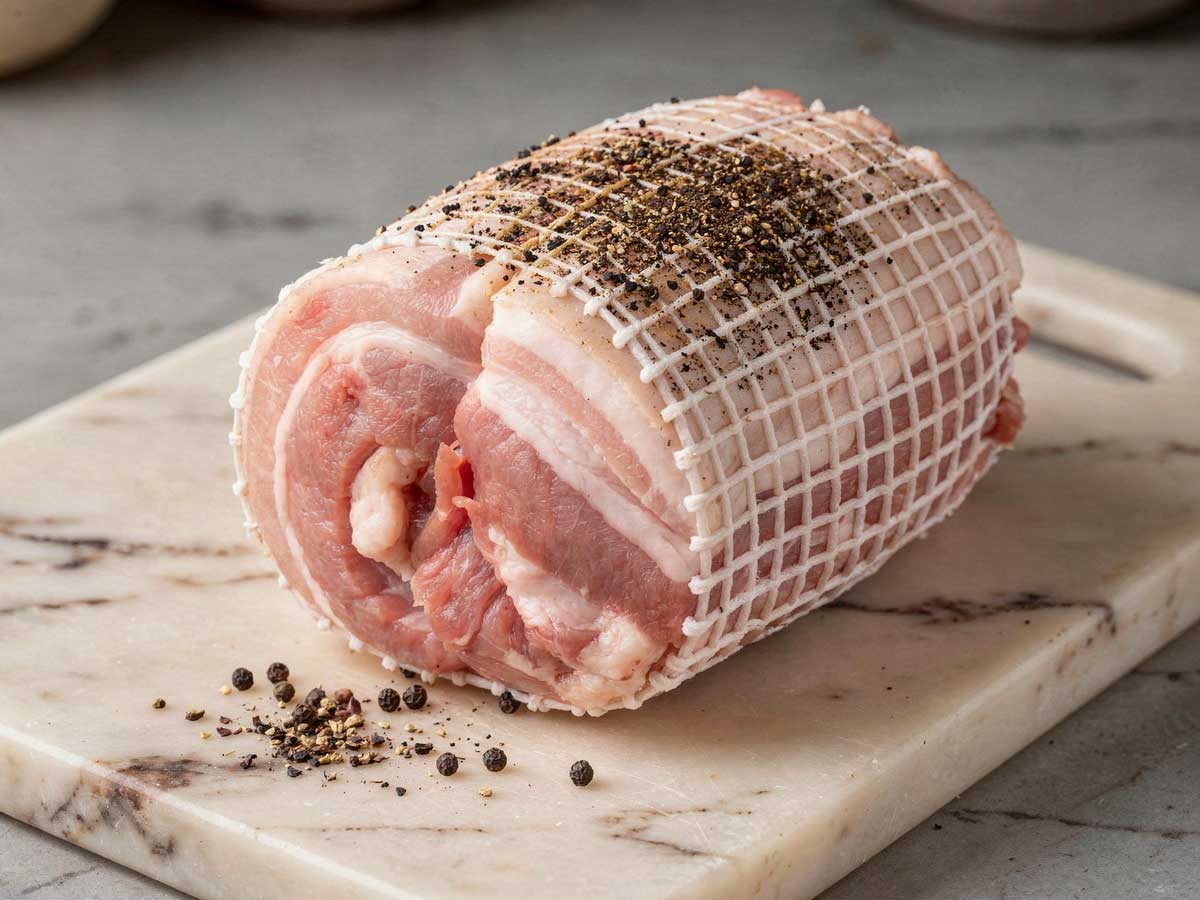 Rauwe spekrollade in een elastisch rolladenet op een marmeren snijplank met peperkorrels
