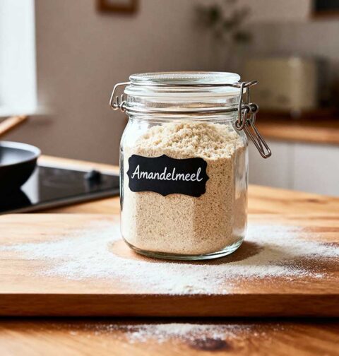 Een voorraadbus met zelf gemaakt amandelmeel.