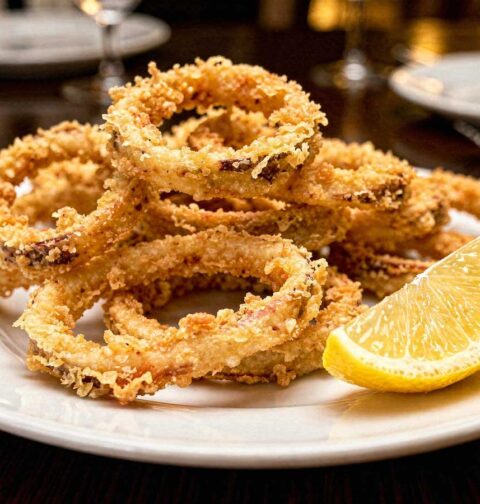 Een wit bord vol met goudbruin gefrituurde calamares ringen en een schijfje citroen.