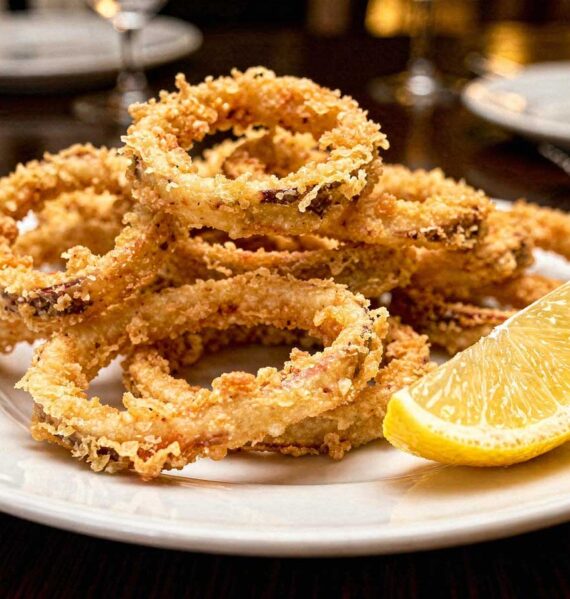 Een wit bord vol met goudbruin gefrituurde calamares ringen en een schijfje citroen.