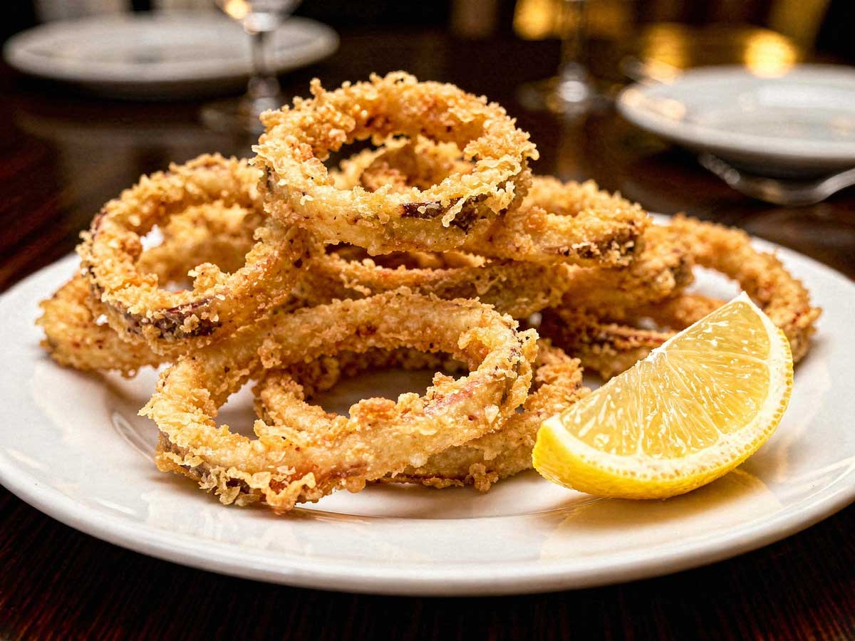 Een wit bord vol met goudbruin gefrituurde calamares ringen en een schijfje citroen.