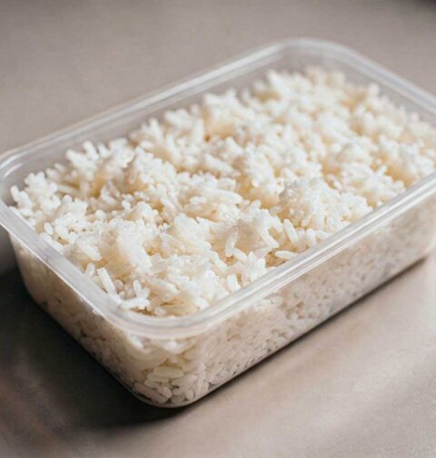 Een open plastic bakje gevuld met een restje gekookte witte rijst.