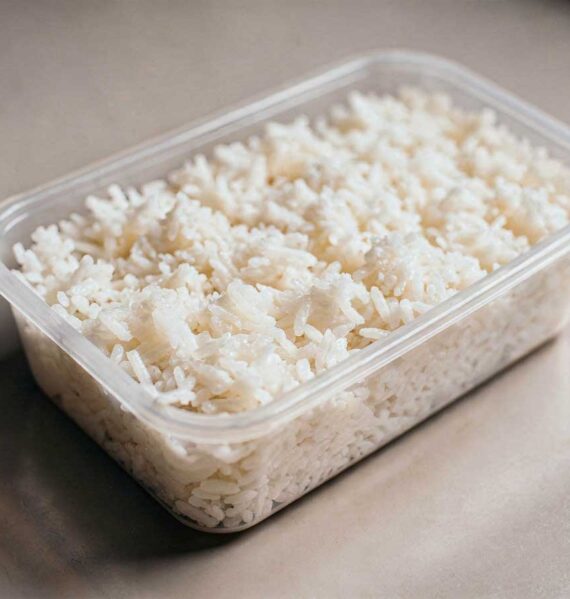 Een open plastic bakje gevuld met een restje gekookte witte rijst.