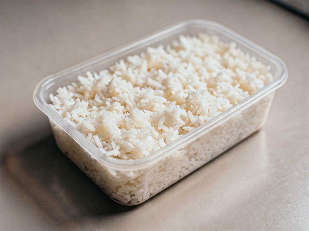 Een open plastic bakje gevuld met een restje gekookte witte rijst.