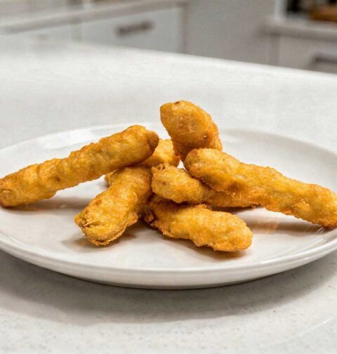 Vijf goudbruin gefrituurde kipfingers netjes geserveerd op een wit bord.