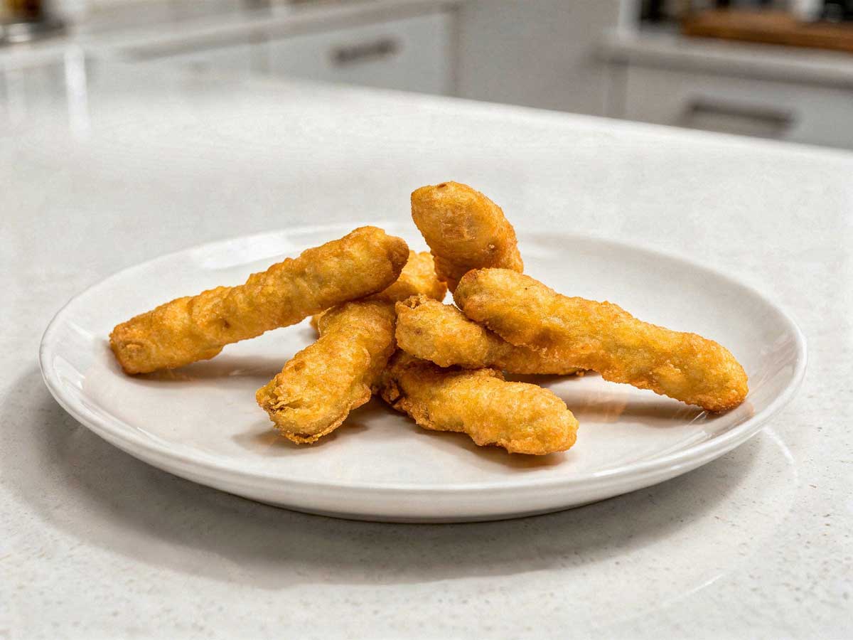Vijf goudbruin gefrituurde kipfingers netjes geserveerd op een wit bord.