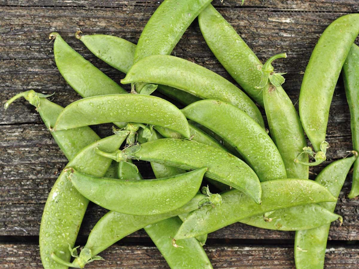 Verse, felgroene sugar snaps verspreid op een rustieke houten tafel met waterdruppels.