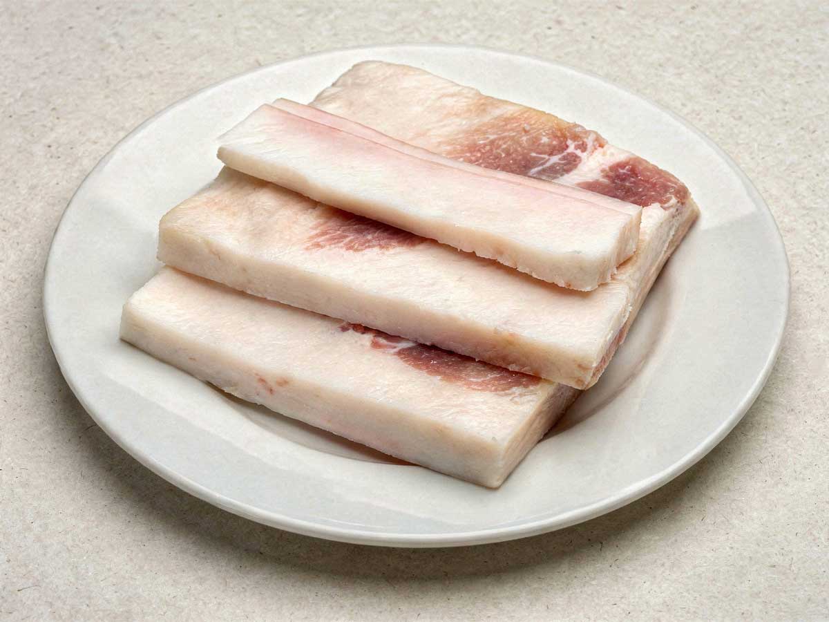 Twee grotere stukken gebakken vet spek met twee kleinere plakken ongebakken spek op een witte platte schaal.