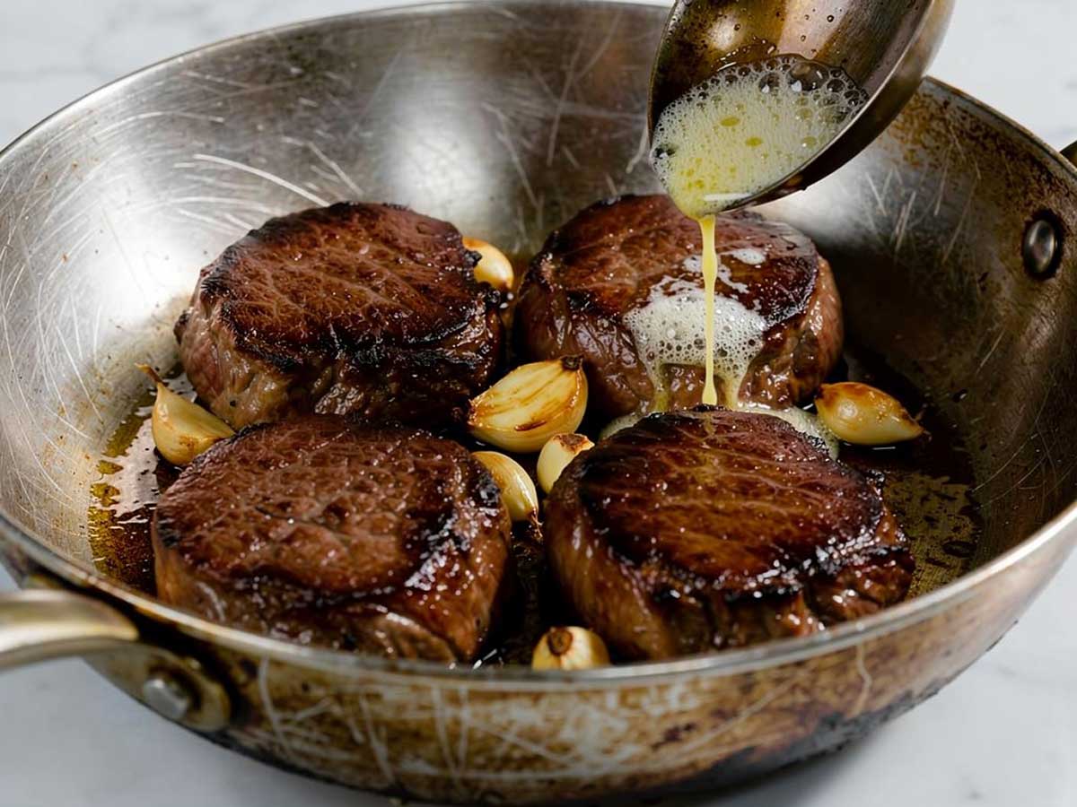 4 tournedos die gearroseerd worden in een koekenpan.
