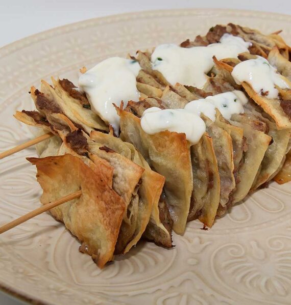 2 spiesjes met daarop vierkante stukjes wrap met daartussen gehakt.