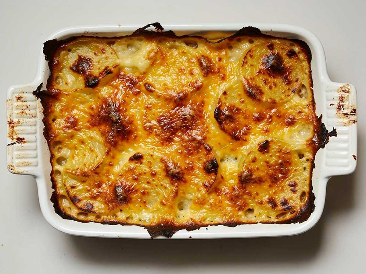 Een ovenschotel met aardappelschotel, die gegratineerd is.